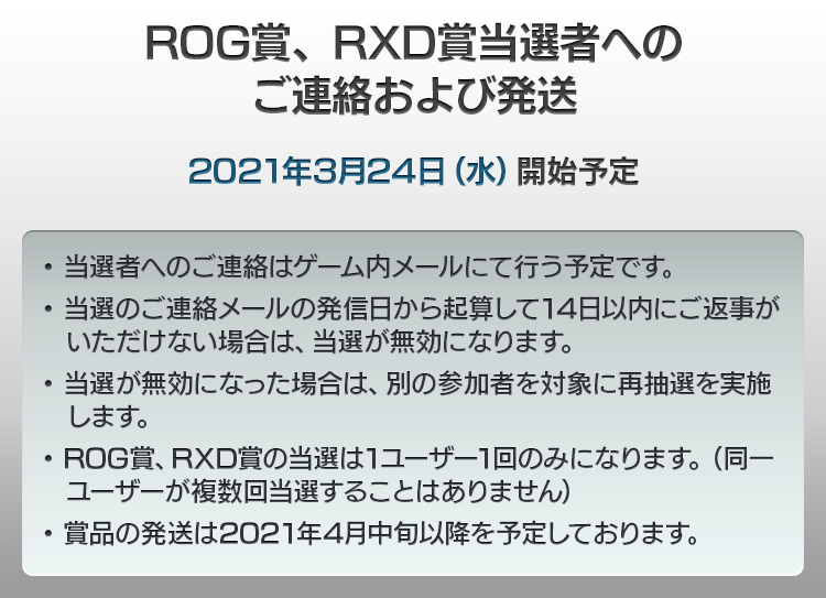 ROG賞、RXD賞当選者へのご連絡および発送